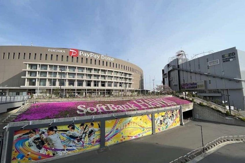En PayPay Dome-bygning med et farverigt muralmaleri på siden. 4
