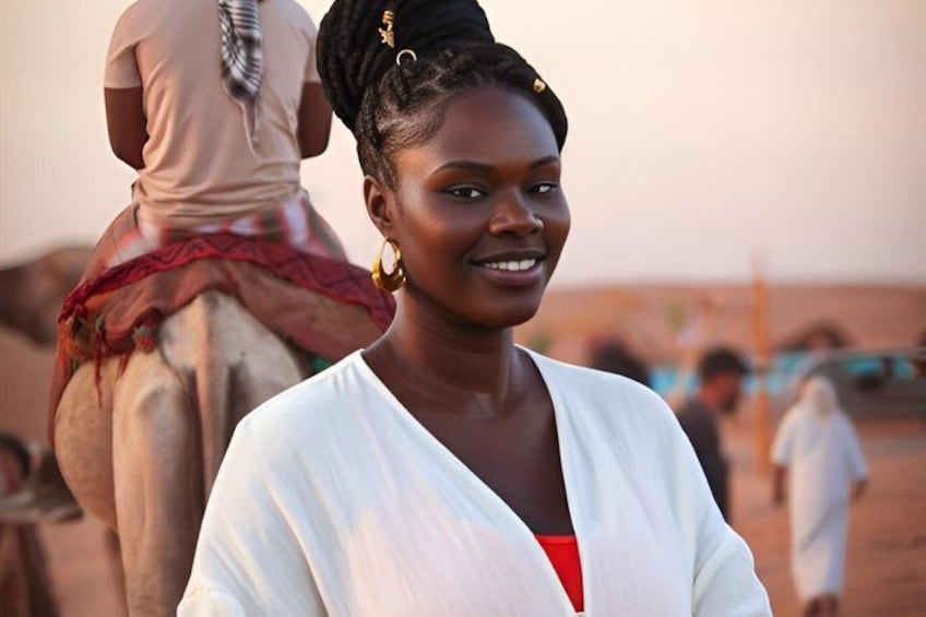 A person in a white garment with a red top, a camel with a rider in the background, and a desert landscape. 3
