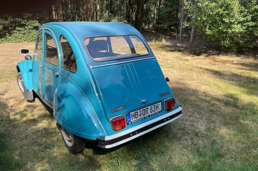 A vintage blue Citroën car parked on grass with trees in the background. 4