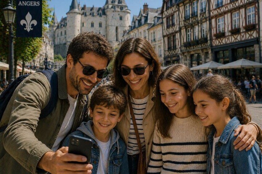 Una familia se toma un selfie en la plaza de un pueblo europeo, con edificios históricos y un castillo al fondo. 2
