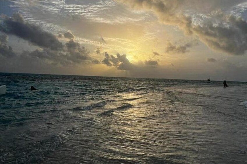 A beach with waves, a sunset, and a person swimming. 4