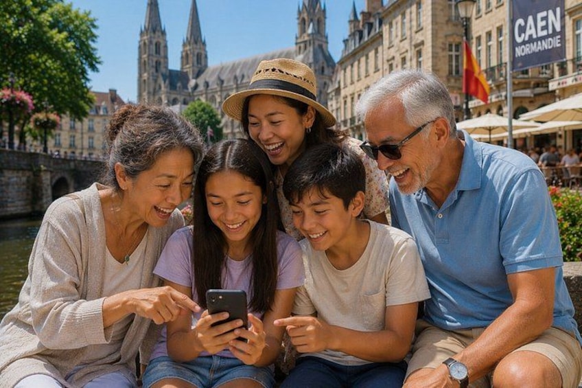 A family sitting by a canal with historic buildings in the background. 3