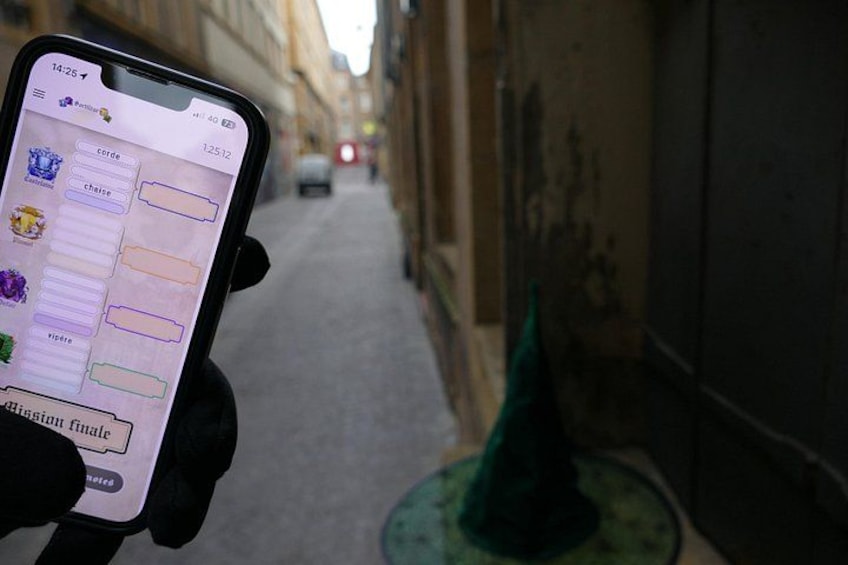 A smartphone displaying a game with a list of items and a narrow street with a green object in the foreground. 4