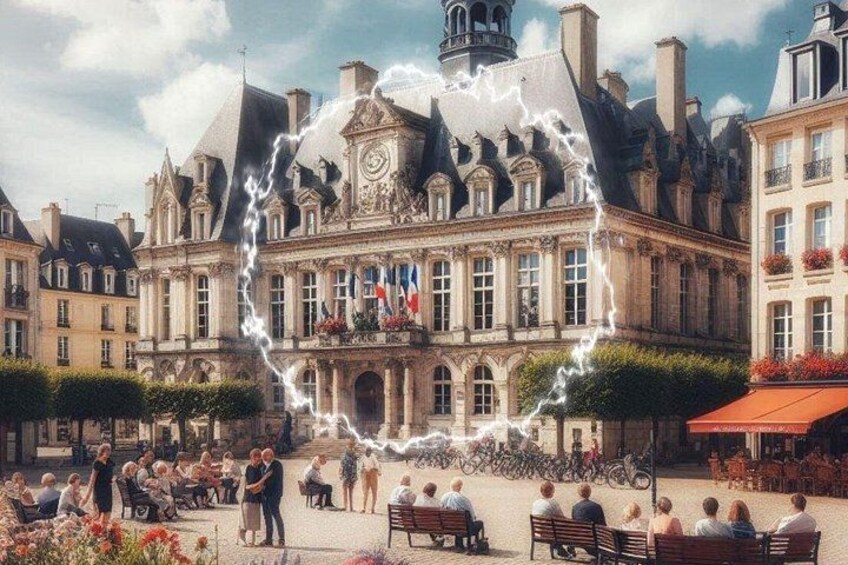 A historic building with a clock tower, surrounded by people sitting at outdoor tables. 5