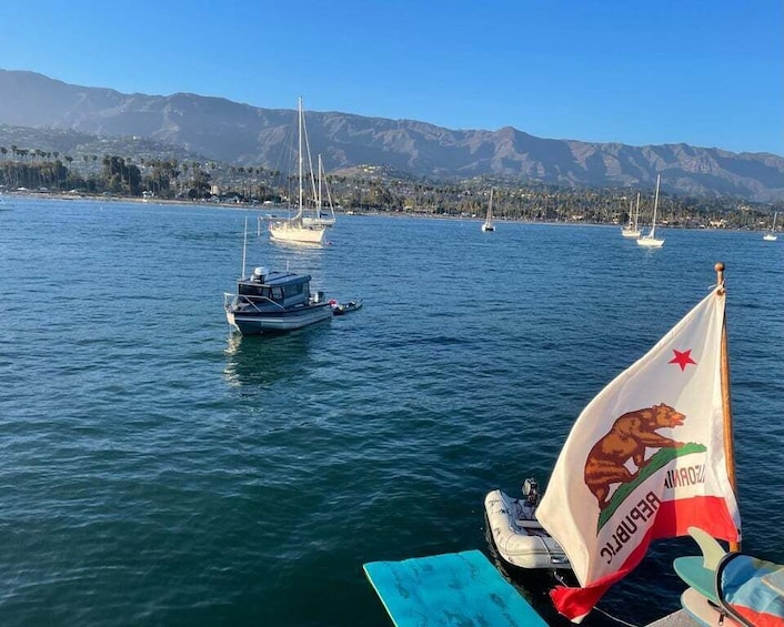 A lake with sailboats and a flag with a bear and mountains. 1