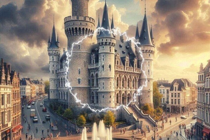 A castle with lightning, surrounded by a cityscape. 3