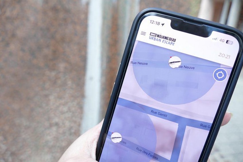 A smartphone displaying a map with locations Rue Neuve, Rue Gentil, and Rue des Forces. 1