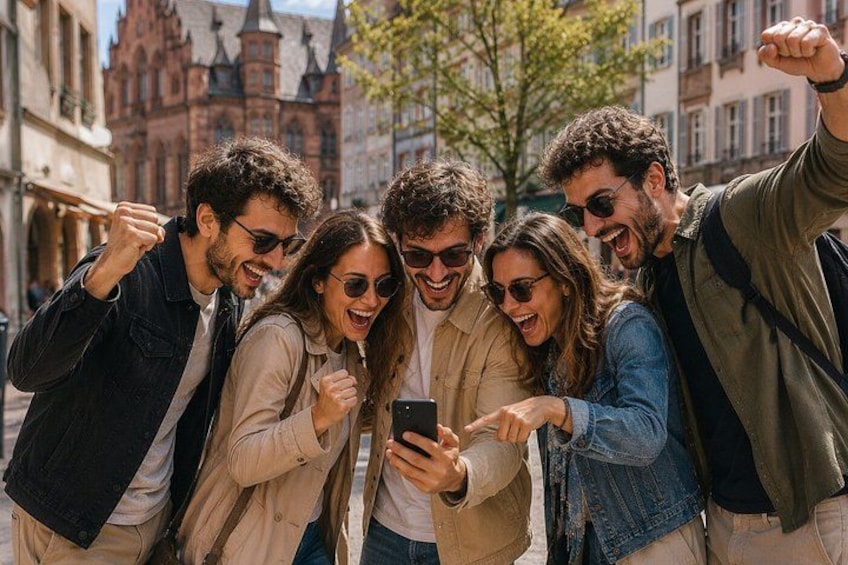 A group of people taking a selfie in a European city street. 4