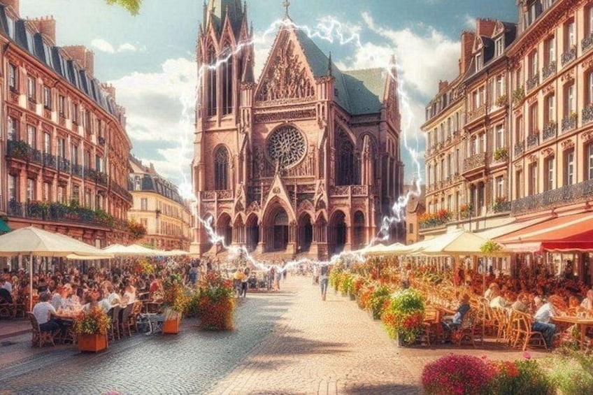 A bustling street with a historic cathedral, outdoor cafes, and cobblestone pavement. 3
