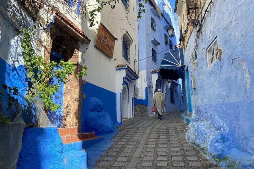 A narrow street with blue-painted buildings, a person walking, and a cobblestone path. 5
