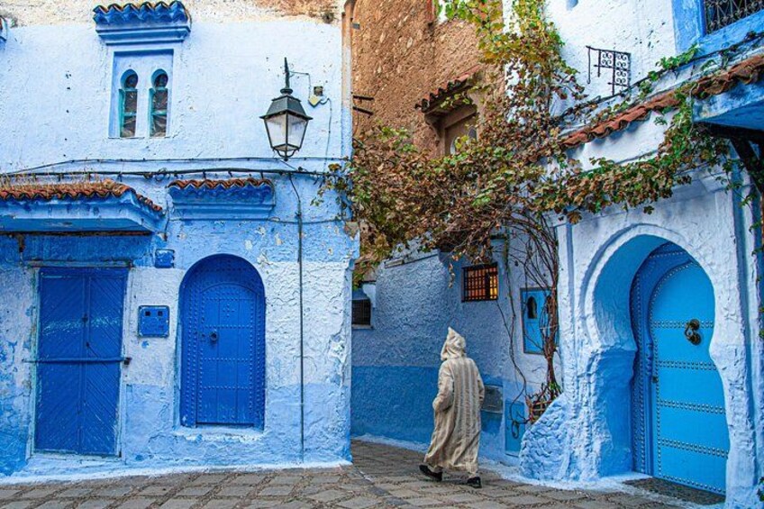 A narrow alleyway with blue doors and walls, a person in traditional attire, and a tree with green leaves. 3