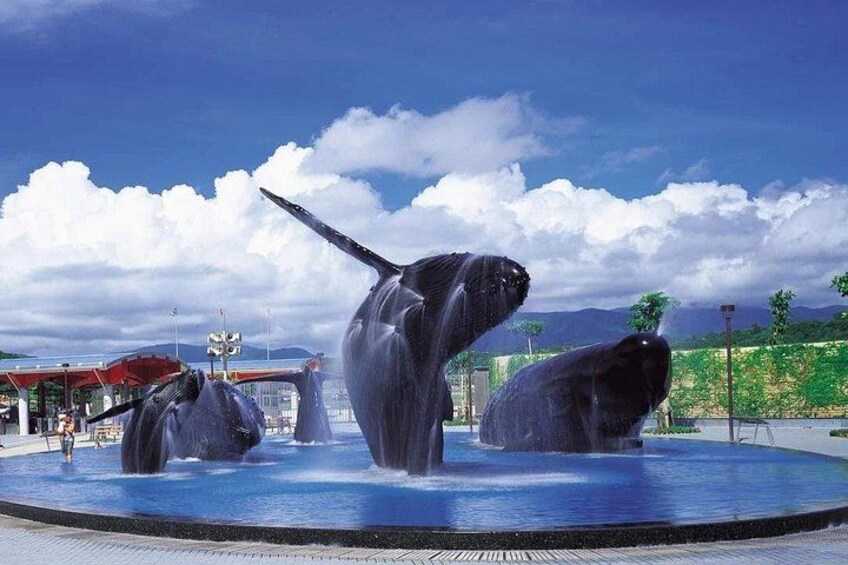 Una fuente de agua con esculturas de ballenas. 3