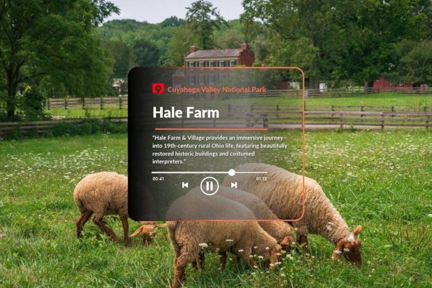 A pastoral scene with a black overlay featuring text about Cuyahoga Valley National Park's Hale Farm, including a description and a play button. 4