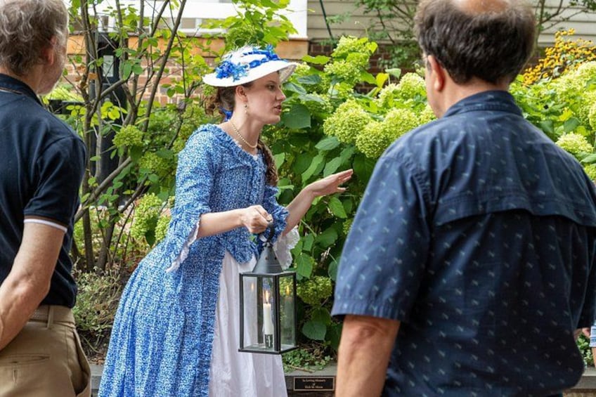 A person in a blue patterned dress and hat holding a lantern, standing in a garden with green foliage and a brick wall in the background. 2