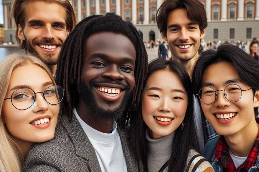 Un groupe de personnes se tient devant un bâtiment doté de fenêtres en arc de cercle et d’une façade en pierre. 2