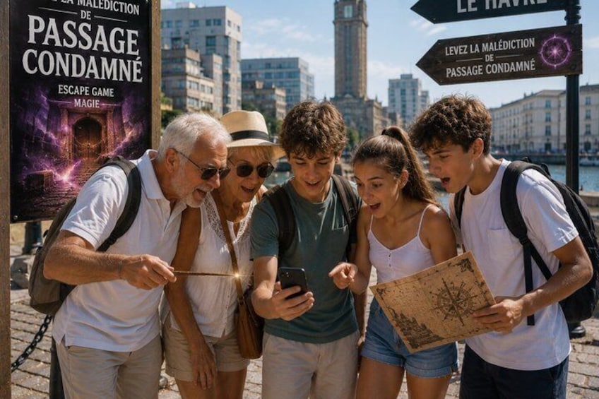 A group of people looking at a map and a sign with 'Passage Condamné' written on it. 1