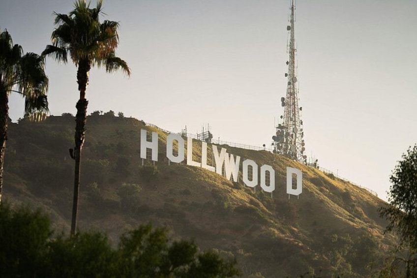Hollywood-skiltet på en bakke med palmer og et kommunikationstårn. 3