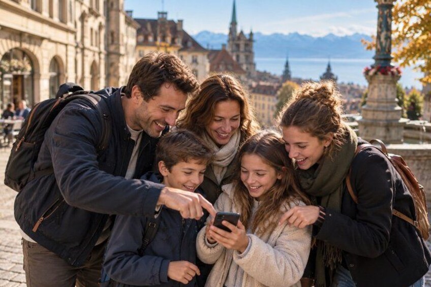 En familj på fem personer tittar på en smartphone, med historiska byggnader och en sjö i bakgrunden. 1