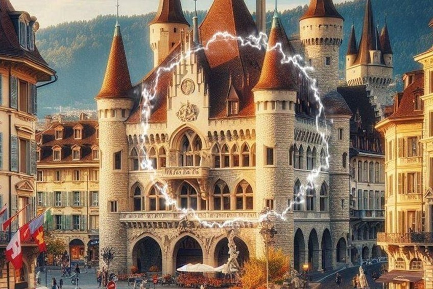 Un castello con numerose torri, una torre dell'orologio centrale e una statua di fronte. 1