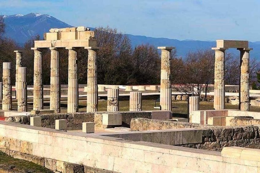 Ancient stone columns and ruins in a historical site with mountains in the background. 5