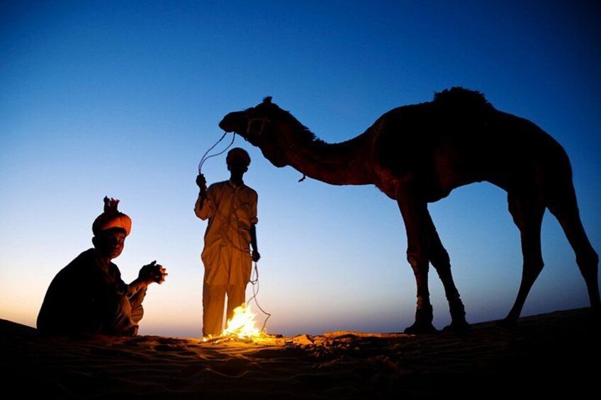 A camel and a person with a rope, a campfire, and a desert landscape at dusk. 4
