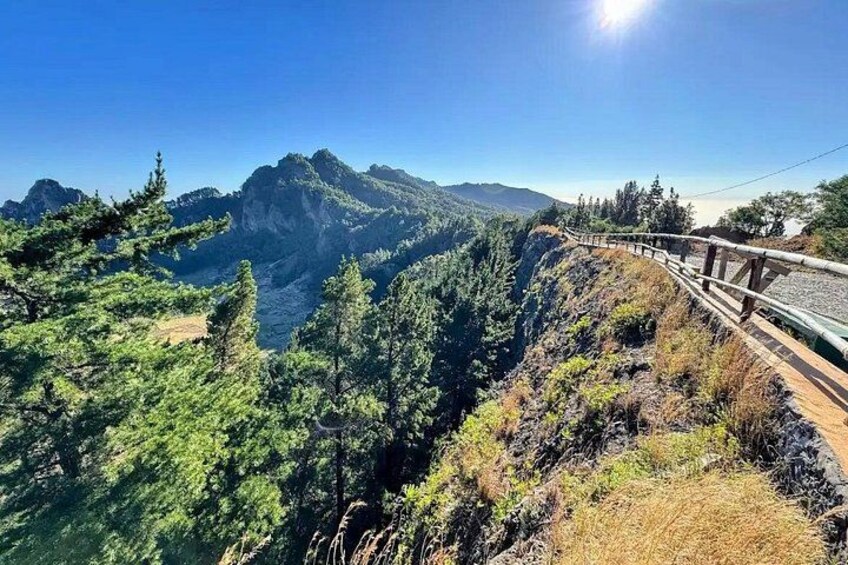 Un paysage montagneux avec une passerelle en bois. 5