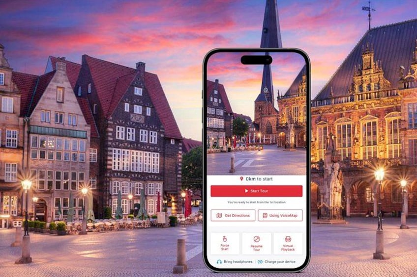 Een smartphone toont een kaart met een 'Start Your Tour'-knop, een 'Get Directions'-knop en een optie 'Using VoiceMap'. 1