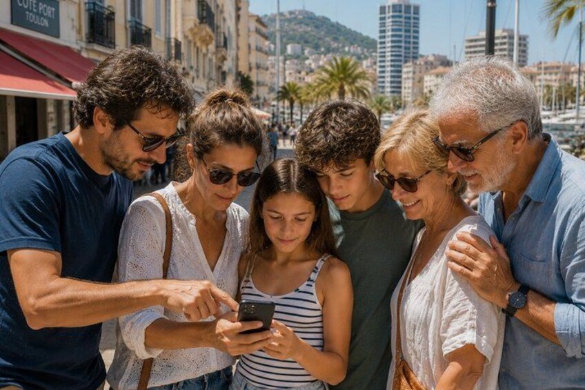 A group of people gathered around a smartphone, possibly discussing something. 2