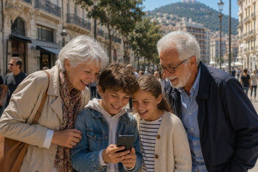 A group of people standing on a city street. 3