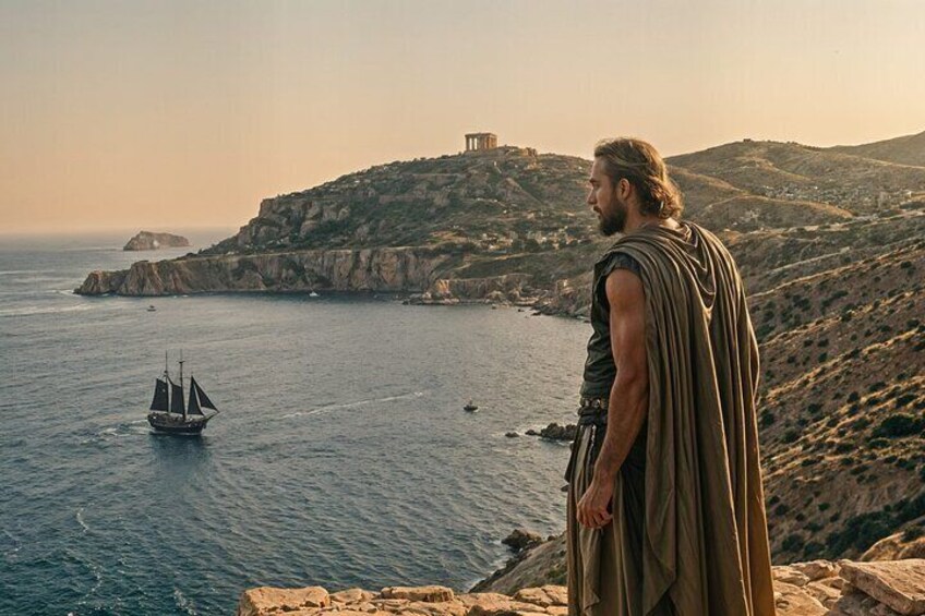 Witness the legendary moment of King Aegeus at Cape Sounio, gazing upon the Aegean Sea as the ship with black sails approaches, blending myth with breathtaking scenery. 5