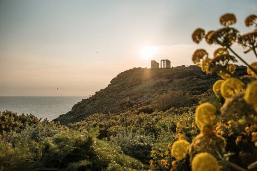 A coastal landscape with a hill, vegetation, and a distant structure. 2