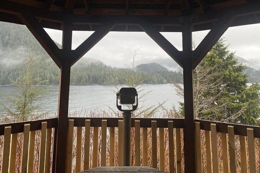Un belvédère en bois surplombant un lac, avec vue sur les montagnes et les arbres. 2