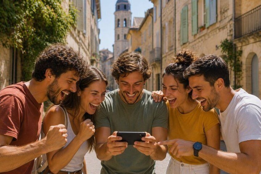A group of people looking at a smartphone in a narrow street with buildings and a bell tower in the background. 5
