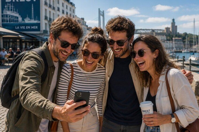 A group of people taking a selfie with a smartphone, a coffee cup, and a cityscape with a bridge in the background. 1