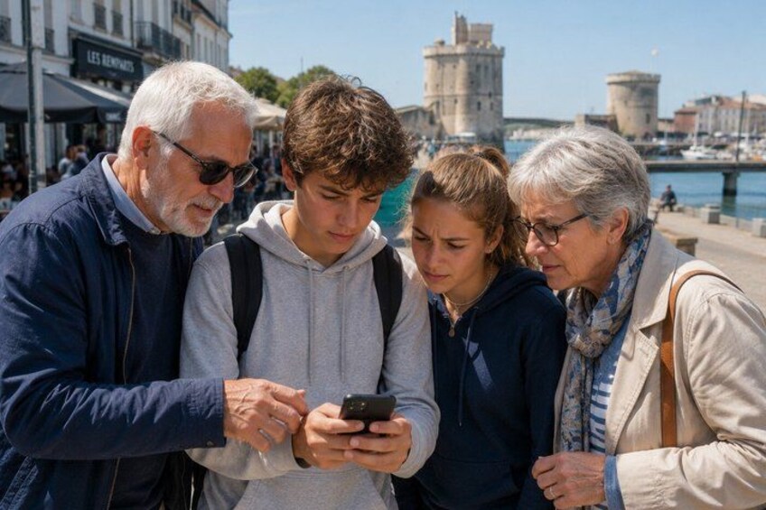 A group of people looking at a smartphone. 2