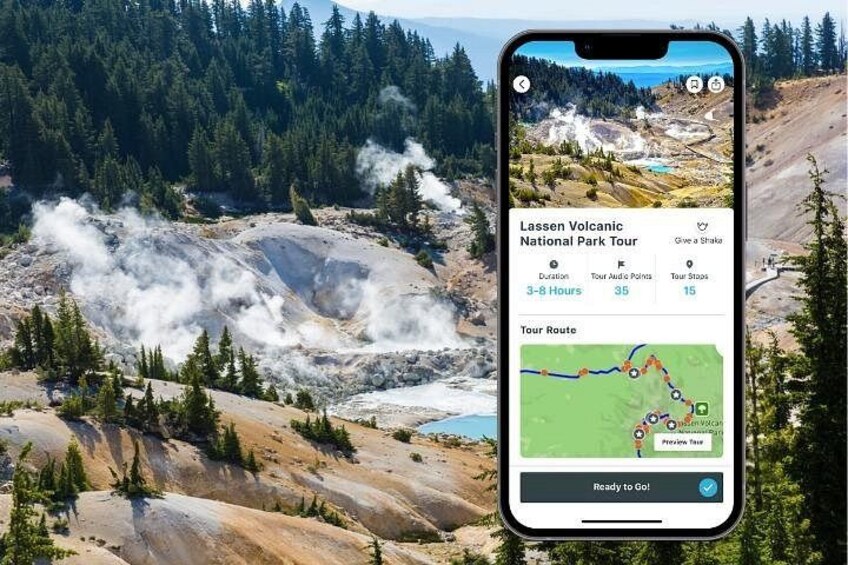 A smartphone displaying a Lassen Volcanic National Park Tour with a map and tour details. 1