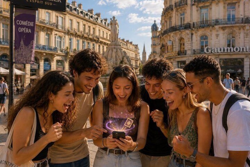 Un grupo de personas mirando un teléfono inteligente, de pie frente a un edificio con un letrero que dice 'COMÉDIE OPÉRA'. 1