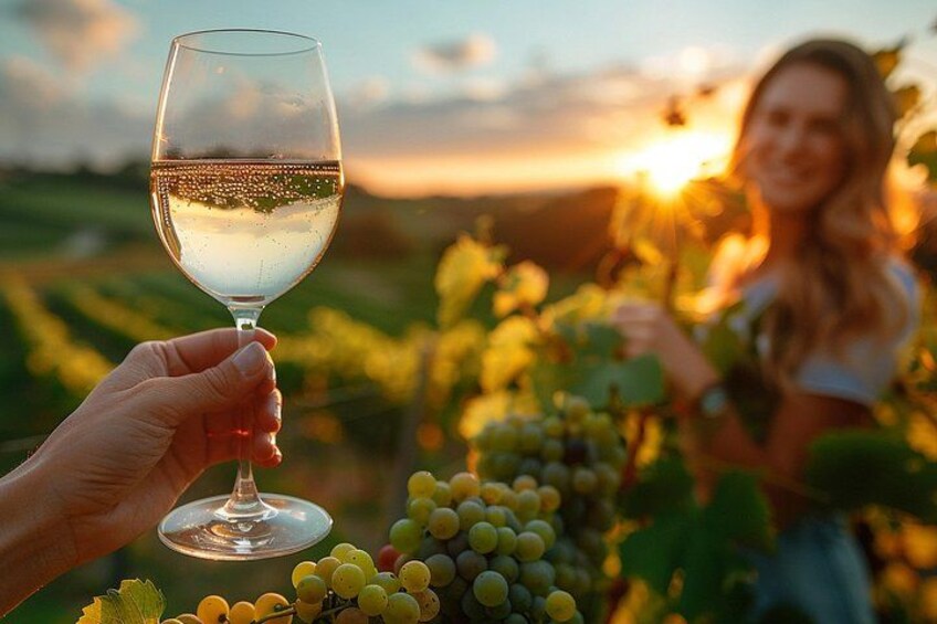 Una persona che tiene un bicchiere di vino in un vigneto, con grappoli d'uva e un tramonto sullo sfondo. 4