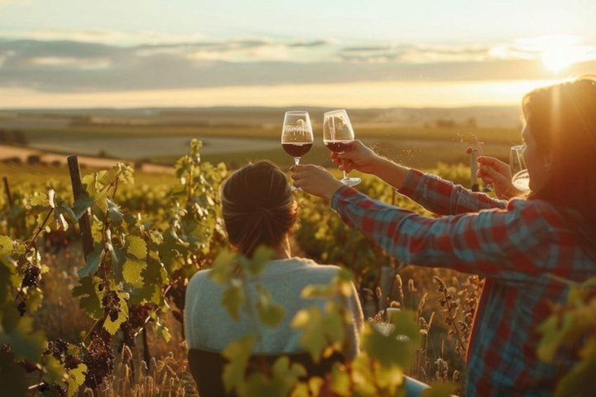 Due persone brindano con bicchieri di vino in un vigneto. 1