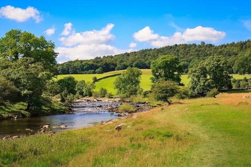 Een rivier, groene velden, bomen en een heuvel in de verte. 5
