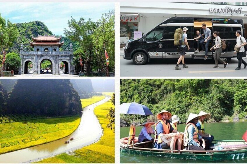 A traditional gate, a river with yellow fields, and people on a boat. 1