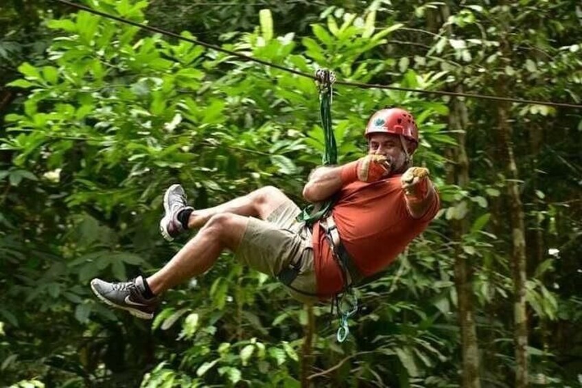 A person zip-lining through a dense forest. 4
