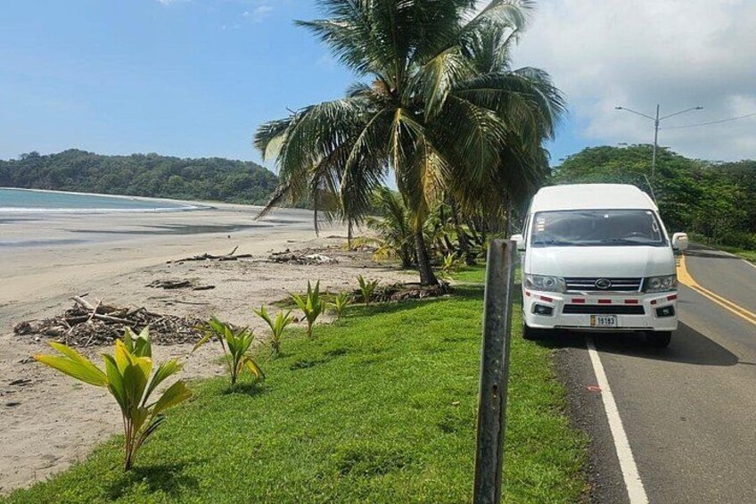 Una camioneta blanca estacionada en una carretera junto a una playa con palmeras y cielo despejado. 4