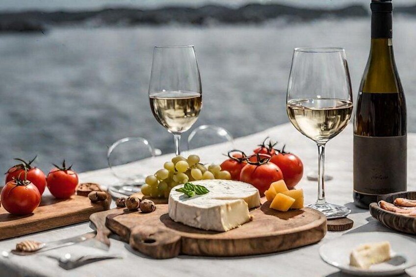 A cheese platter with grapes, tomatoes, and nuts on a table by the sea. 5
