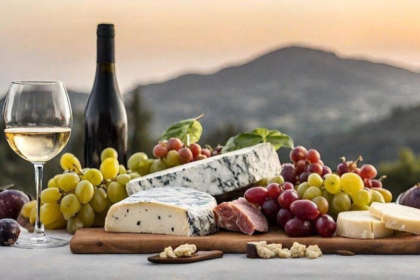 A cheese board with various cheeses, grapes, and a bottle of wine. 4