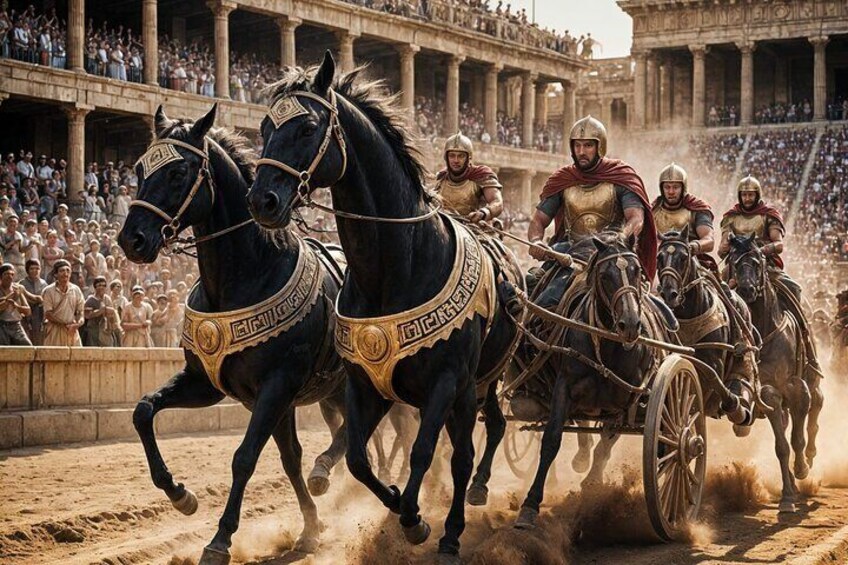 A chariot race with horses and riders in ancient Greek attire. 3