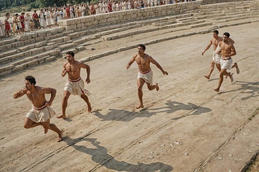 Athletes competing in the ancient stadion race at Olympia, reenacting the legendary spirit of the original Olympic Games. 3