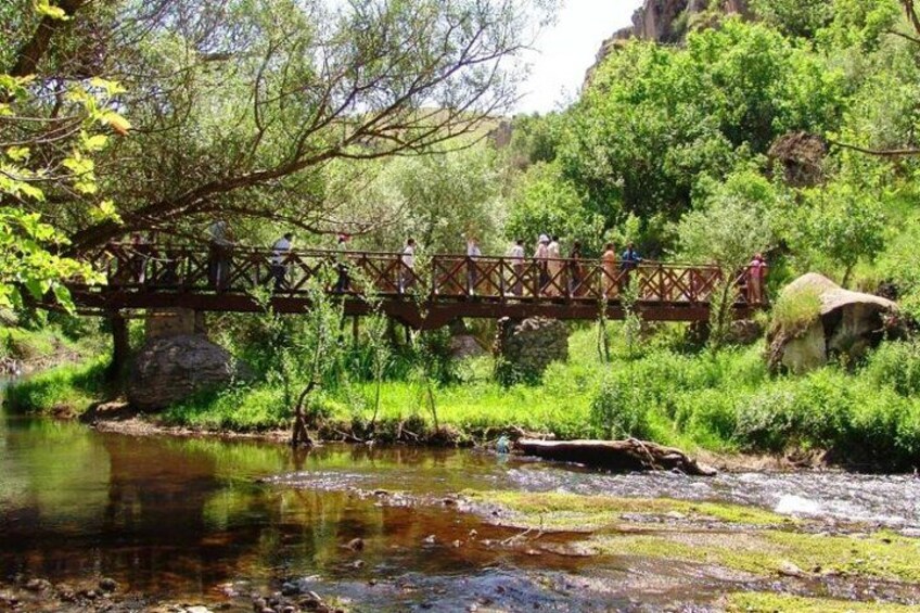 Un ponte di legno che scavalca un fiume, circondato da vegetazione e rocce. 1