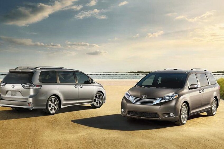 To sølvfarvede minivans parkeret på en strand med klart himmelbillede. 4