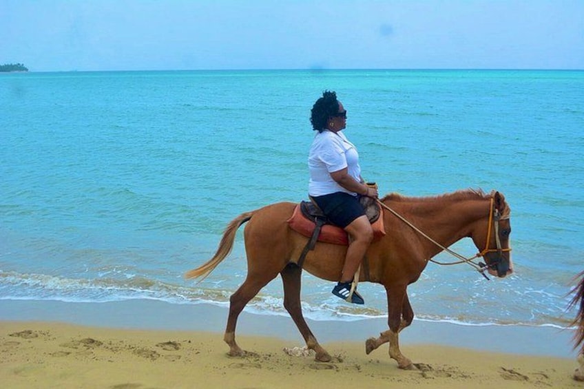 Une personne à cheval sur une plage, avec l’océan en arrière-plan. 5